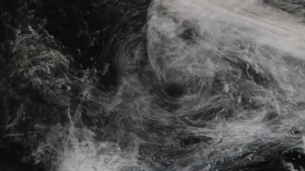 白墨水和丙烯酸滴在黑水里 高质量的4K镜头 水墨云水中的一层丝状墨水 在黑色的背景上隔绝 动作画 — 图库视频影像