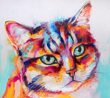 Yağlı kedi portresi rengarenk tonlarda. Kavramsal soyut resim. Yağlı boya ve palet bıçağıyla yapılmış bir resmin resmi..