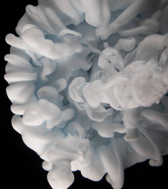 Suya gerçek boya damlaları düşer. Soyut beyaz mürekkep bulutu çarpışması siyah arkaplanda izole edildi. Sıvı mermer deseni. Modern sanat. Soyut akrilik resim.