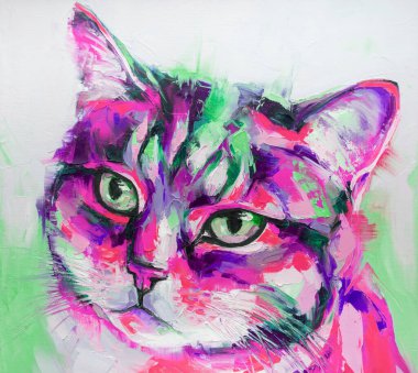 Yağlı kedi portresi rengarenk tonlarda. Kavramsal soyut resim. Yağlı boya ve palet bıçağıyla yapılmış bir resmin resmi..