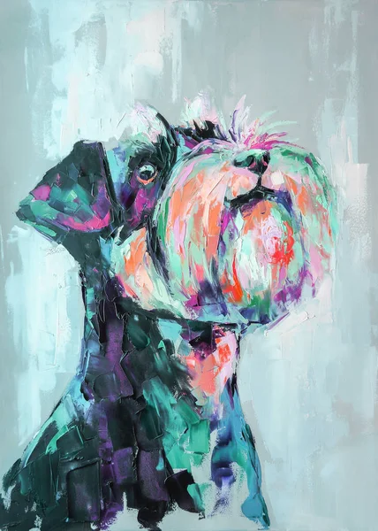 Oil Dog Portrait Painting Multicolored Tones Closeup Painting Oil Palette — Stock Photo, Image