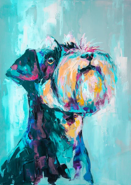 Oil Dog Portrait Painting Multicolored Tones Closeup Painting Oil Palette — Stock Photo, Image