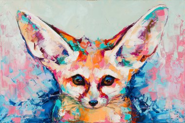 Fennec bir namlunun kavramsal soyut resmi. Yağlı tilki portresi rengarenk renklerde. Yağlı boya ve palet bıçağıyla yapılmış bir resmin resmi.. 