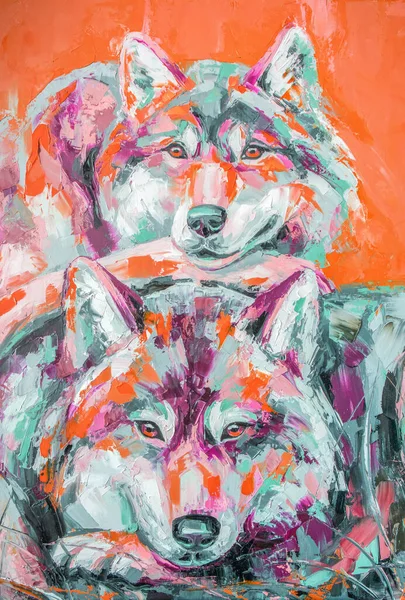 Pintura Retrato Lobo Óleo Tons Multicoloridos Pintura Abstrata Conceitual Dois — Fotografia de Stock