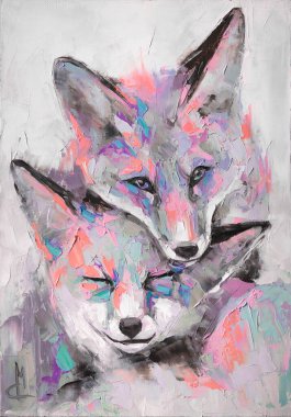 Fennec bir namlunun kavramsal soyut resmi. Yağlı tilki portresi rengarenk renklerde. Yağlı boya ve palet bıçağıyla yapılmış bir resmin resmi.. 