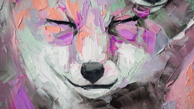 Fennec bir namlunun kavramsal soyut resmi. Yağlı tilki portresi rengarenk renklerde. Yağlı boya ve palet bıçağıyla yapılmış bir resmin resmi.. 