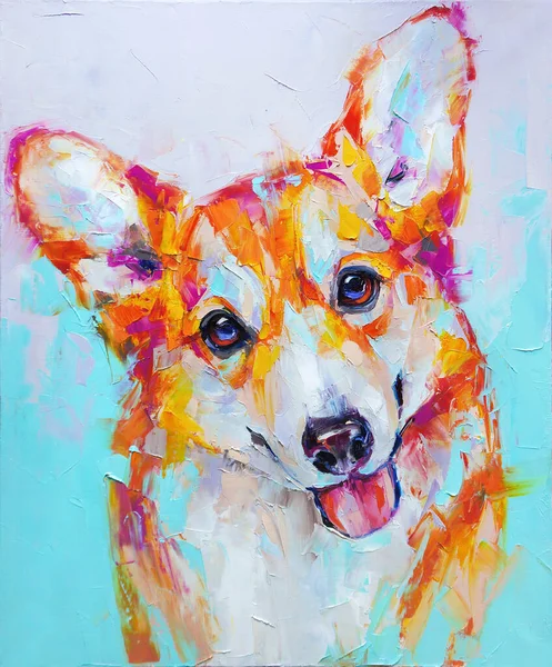 Oil Dog Portrait Painting Multicolored Tones Conceptual Abstract Painting Corgi — Stock Photo, Image