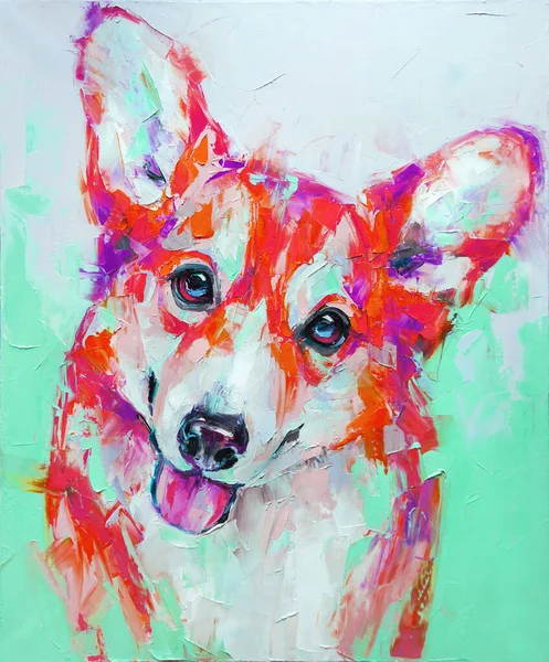 Oil Dogs Portrait Painting Multicolored Tones Closeup Painting Oil Palette — Stock Photo, Image