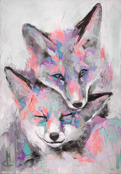 Conceptual abstract painting of a fennec muzzle. Oil fox portrait painting in multicolored tones. Closeup of a painting by oil and palette knife on canvas.