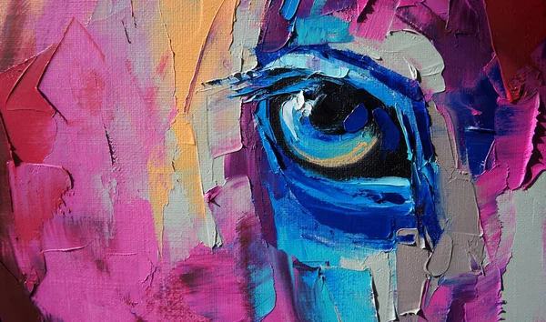 Oil horse portrait painting in multicolored tones. Conceptual abstract painting of a horse head. Closeup of a painting by oil and palette knife on canvas.