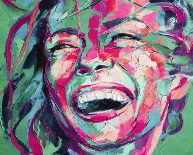 Güzel bir kızın soyut resmi. Yağ portresi çok renkli renklerde. Yağlı boya tablo ve palet bıçağının kavramsal yakın çekimi..