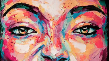 Dekorasyon ve iç mekan için büyük gözler, tuval sanatı. Yakından tuval üzerine yağ ve palet bıçağı boyamak. Güzel bir kızın kavramsal resmi.. 