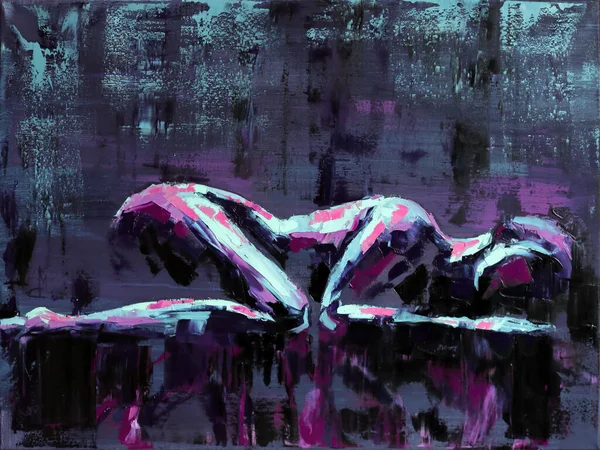 Una Chica Desnuda Yace Posición Fetal Sobre Fondo Oscuro Pintura —  Fotos de Stock