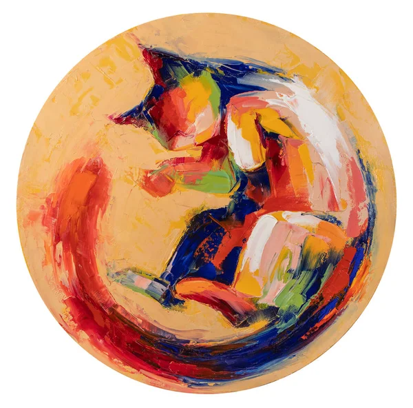 Oil picture of a cat curled up painting in multicolored tones. Conceptual abstract painting. Closeup of a painting by oil and palette knife on canvas.