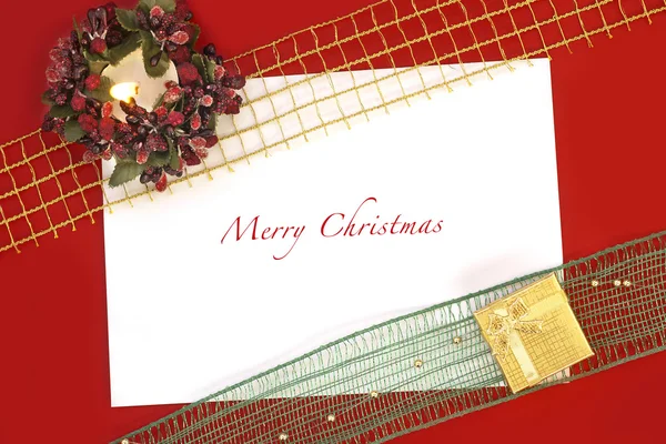 Card with Christmas decoration on red background — Stock Photo, Image