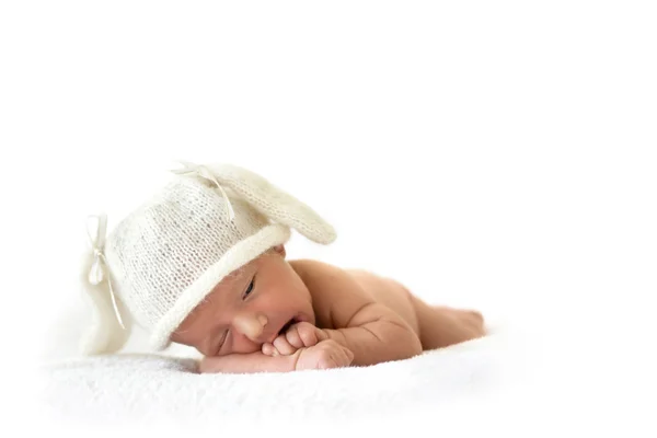 Newborn baby bunny in cap — Stock Photo, Image