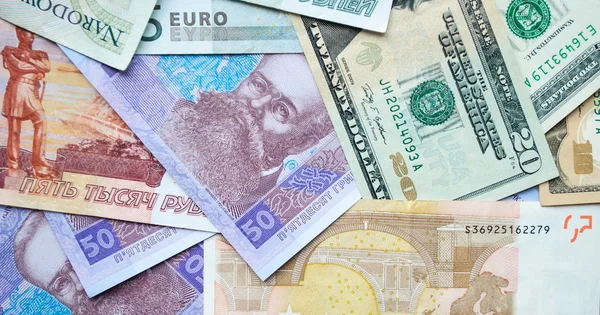 Dollar, zloty, rubel, euro, hryvna Rechtenvrije Stockafbeeldingen