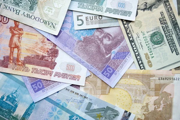 Dollar, zloty, rubel, euro, hryvna Rechtenvrije Stockfoto's