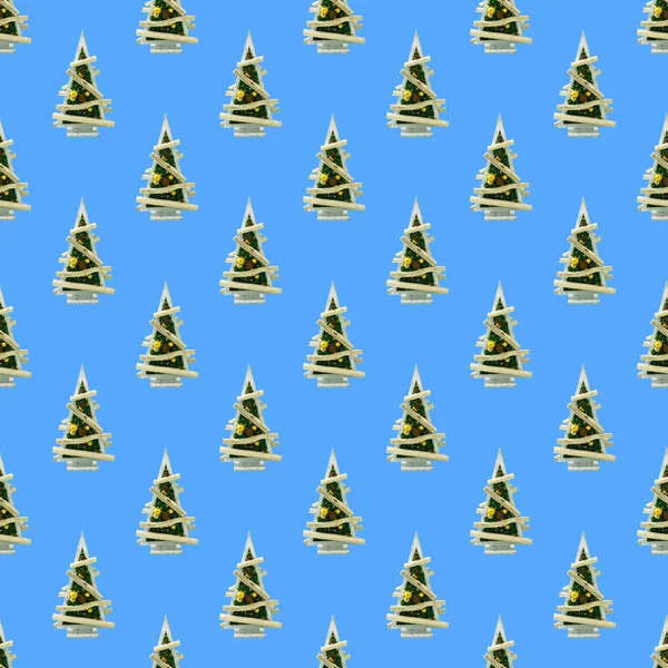 Stylish Wooden Christmas Tree Balls Blue Background Seamless Pattern — Stock Photo, Image