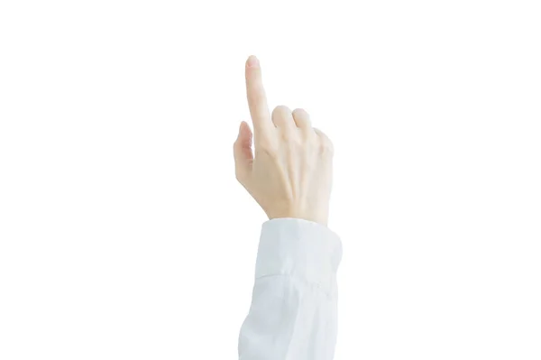 Hand Caucasian Woman White Shirt Points Thumb — Stock Photo, Image