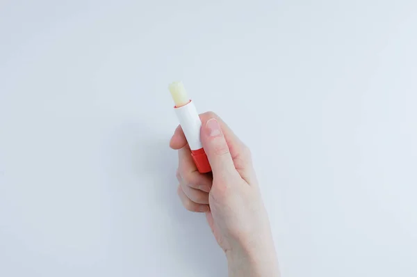 Hygienic Lipstick Hand Caucasian Woman White Background — Stock Photo, Image
