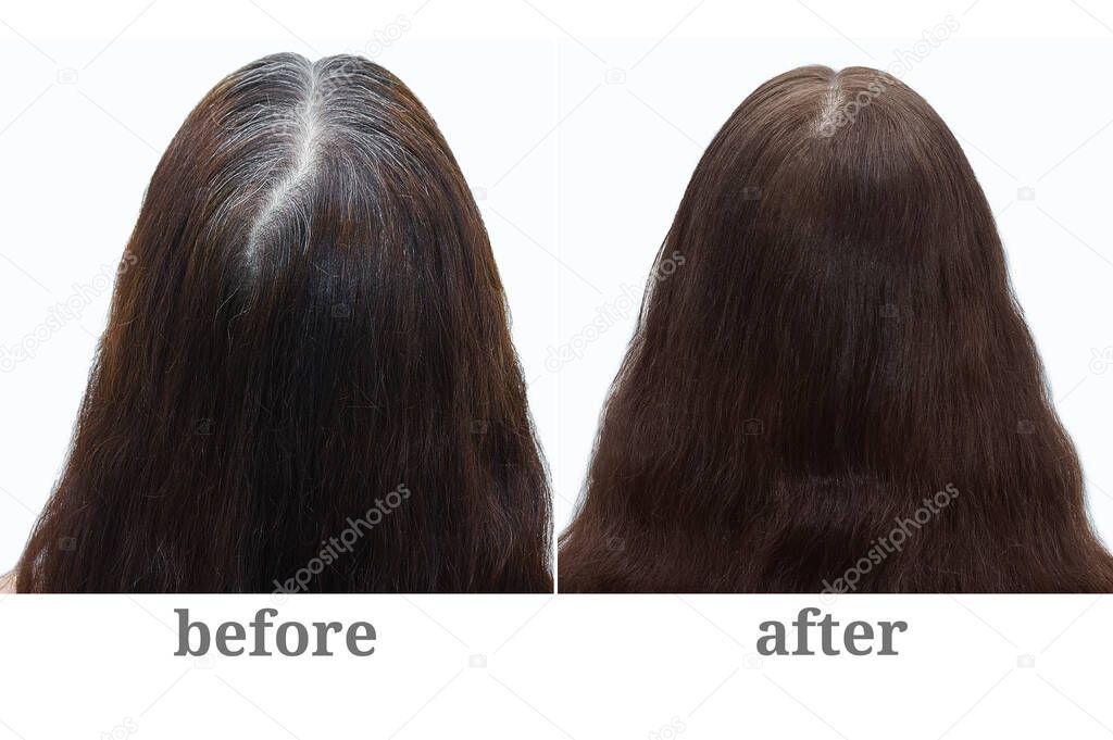 Gray hair on the crown of a woman's head. Hair coloring. Before and after.