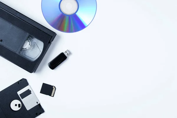 Video Cassette Flash Drive Memory Card Floppy Disk White Background — Stock Photo, Image