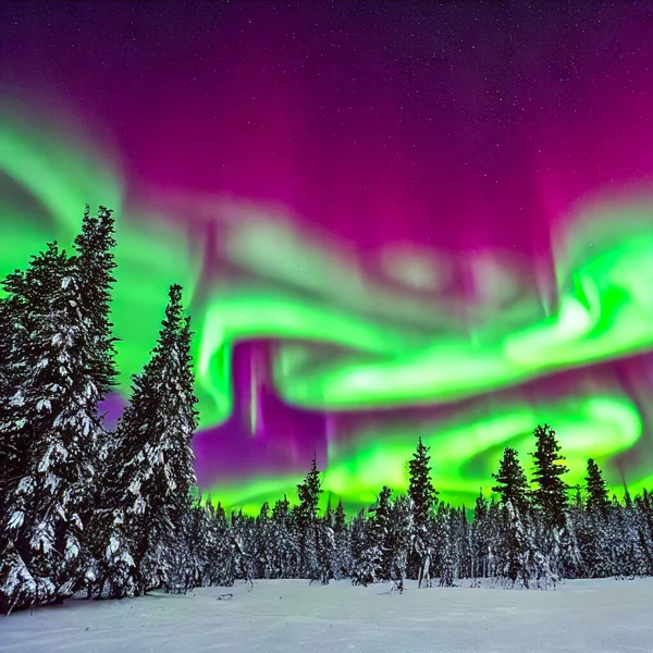 Northern lights over the forest. Polar light . 3d illustration