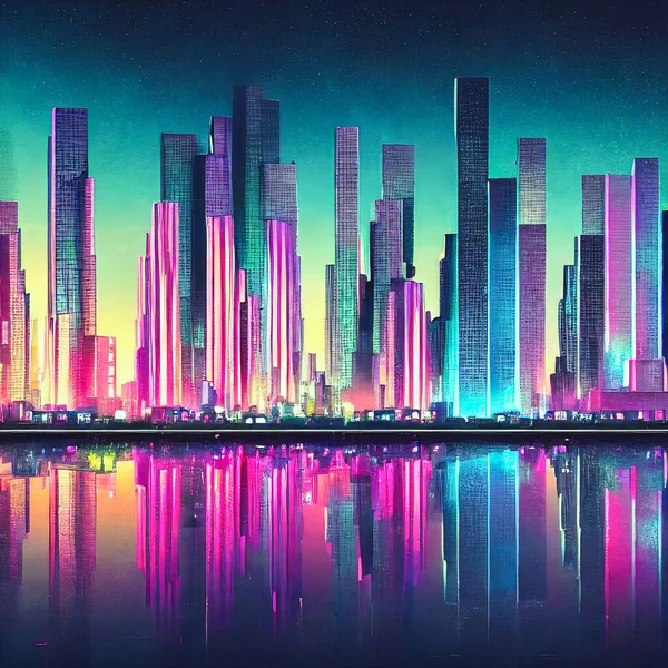 Night city, neon lights of the metropolis. Reflection of neon lights in the water. Modern fantasy city with high-rise buildings. City on the ocean. 3d illustration
