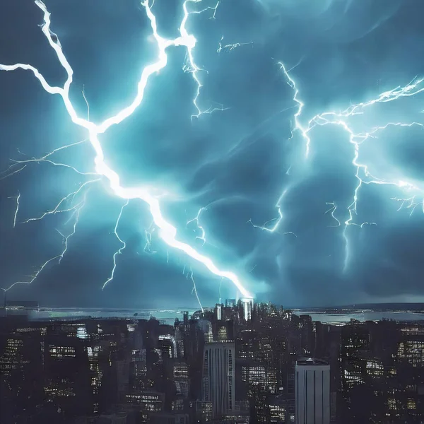 Lightning Storm City Render — Stok fotoğraf
