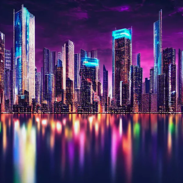 Night City Neon Lights Metropolis Reflection Neon Lights Water Modern — Stockfoto