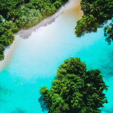 Yazın kumlu tropik plajın havadan görünüşü. Kumlu kumsalın ve okyanusun hava manzarası, insansız hava aracının görüntüsü.