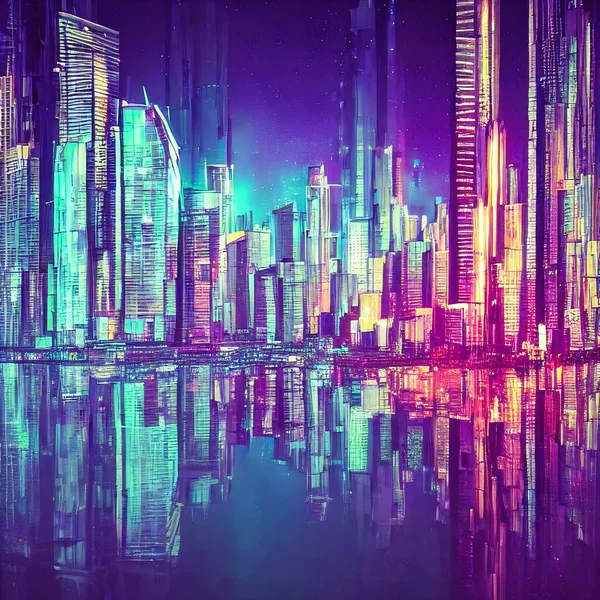 Night city, neon lights of the metropolis. Reflection of neon lights in the water. Modern fantasy city with high-rise buildings. City on the ocean. 3d illustration