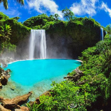 Beautiful waterfall with sunlight in jungle. 3D render