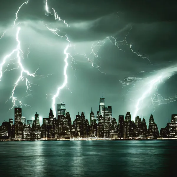 Lightning Storm City Render — Foto de Stock