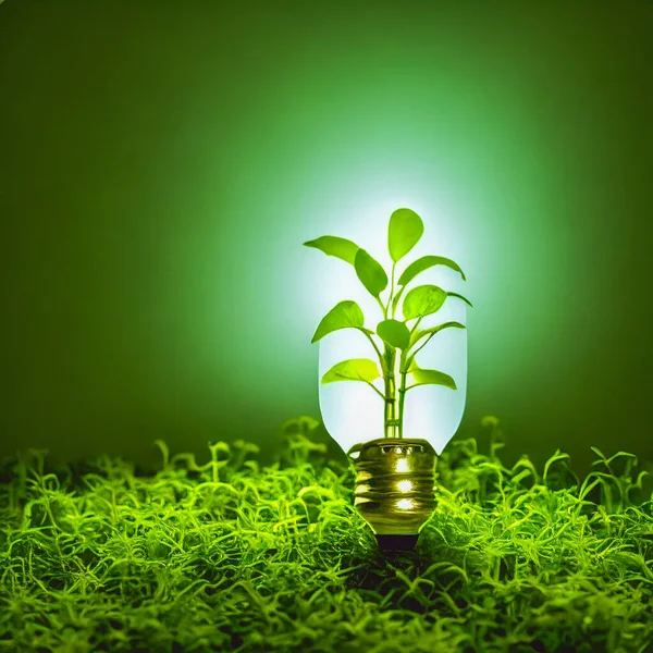 Natural energy concept. Light bulb with small plant inside. Eco green