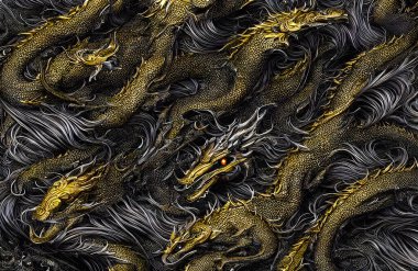 Lüks siyah ve altın kaplama. Soyut. Ejderha derisi. Yüksek kalite 3d illüstrasyon