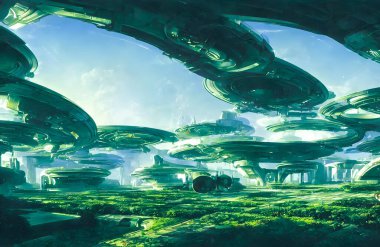 Gelecekçi çevreci yeşil şehir. Yüksek kalite 3d illüstrasyon