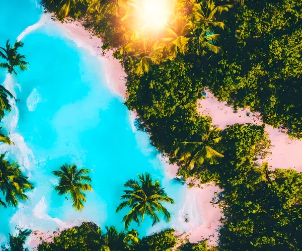 Вид Сверху Потрясающий Вид Воздуха Пальмы Песчаном Пляже Закате Тропический — стоковое фото
