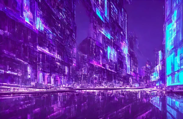 Futuristic metaverse city concept with glowing neon lights. High quality 3d illustration