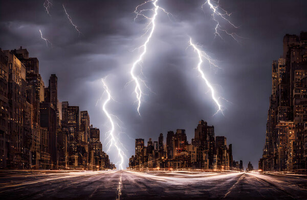 Удары молнии над горизонтом города фантазий. Высокое качество 3D иллюстрации
