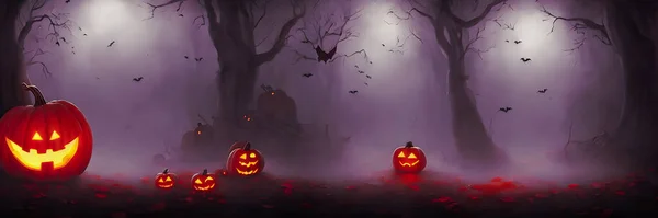 Beleuchtete Halloween Geschnitzte Kürbisse Kopfstütze Gruseliger Wald Feiertags Hintergrund Hochwertige — Stockfoto