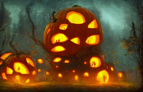 Upplysta Halloween Snidade Pumpor Huvudknekt Läskig Skog Semesterbakgrund Hög Kvalitet — Stockfoto