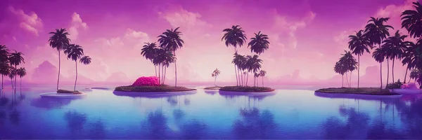 Fantasieinsel Sonnenuntergang Südstrand Palmen Hochwertige Illustration — Stockfoto
