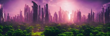 Geleceğin yeşil şehri. Geleceğin şehri. Şehir ve doğanın ahengi. 3d illüstrasyon