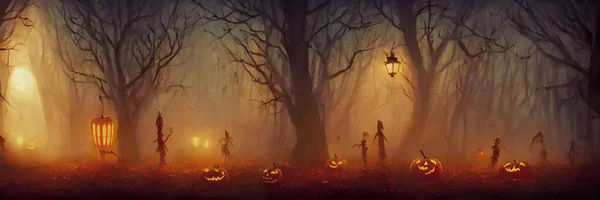 Beleuchtete Halloween Geschnitzte Kürbisse Kopfstütze Gruseliger Wald Feiertags Hintergrund Hochwertige — Stockfoto