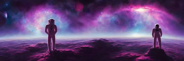 Space background with stardust and shining stars. Realistic colorful cosmos. Banner size. High quality 3D