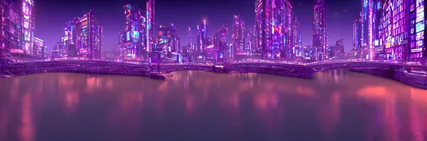Futuristic metaverse city concept with glowing neon lights. High quality 3d illustration