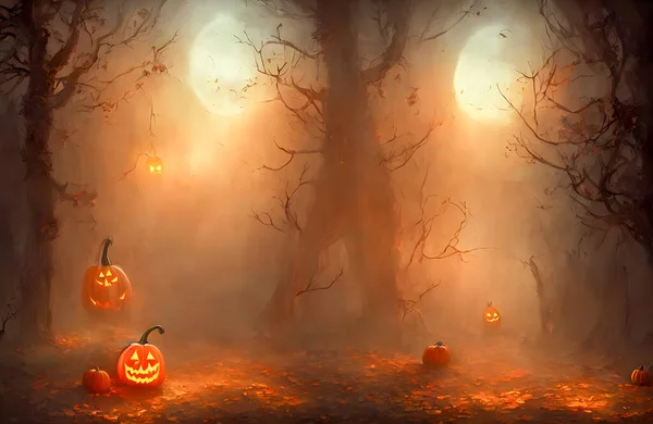Osvícené Halloweenské Vyřezávané Dýně Hlavoun Strašidelný Les Rekreační Pozadí Kvalitní — Stock fotografie