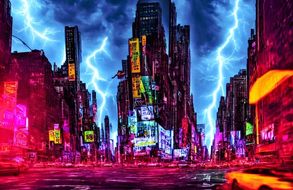 Lightning strikes over the skyline of fantasy city. High quality 3d illustration